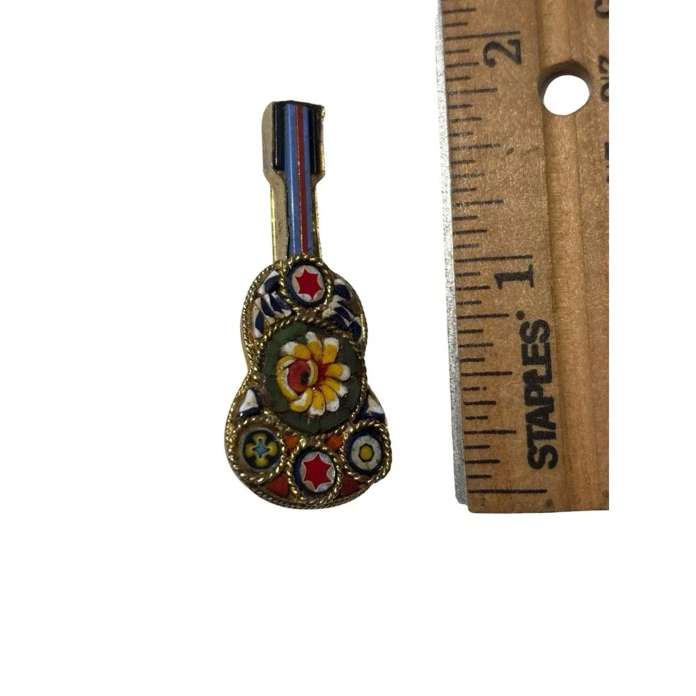 Vintage Gold Tone Italian Colorful Micro Mosaic Flower Guitar Music Brooch Pin